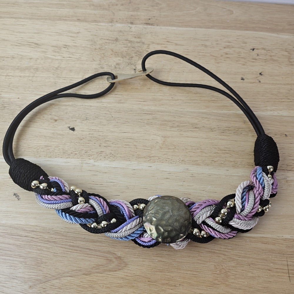 Vintage 1980's Braided Rope Cord Brass Buckle Belt Statement Purple Black Boho‎